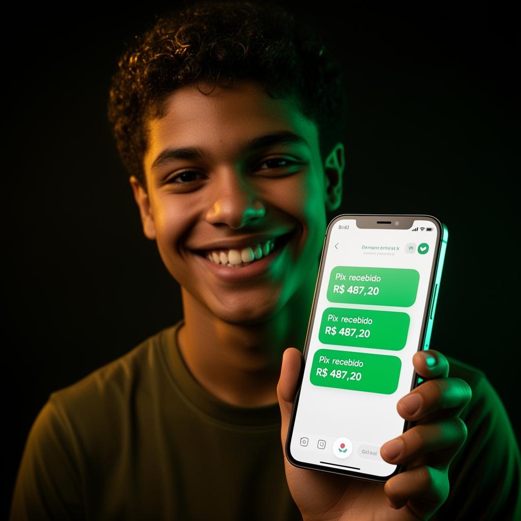 Pessoa segurando celular com notificações de Pix recebido